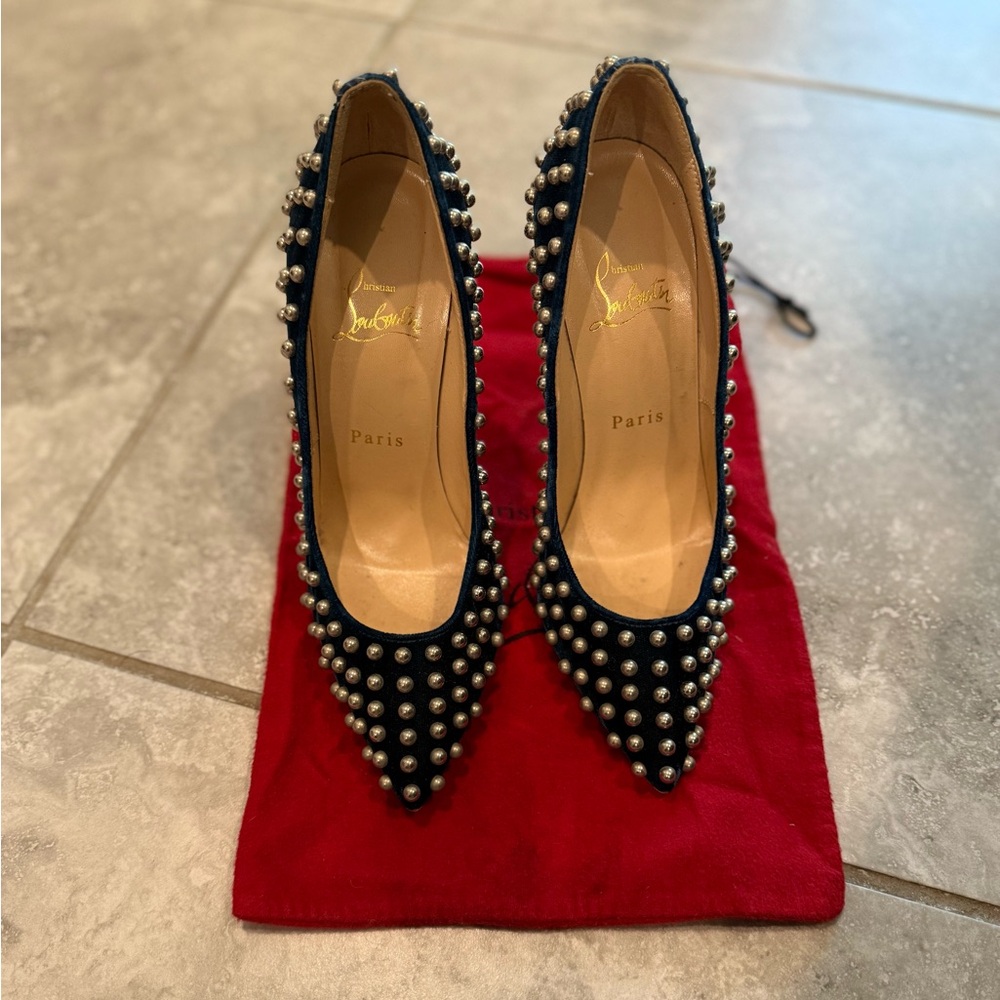 Christian Louboutin Navy Velvet Heels with Silver Studs 120mm